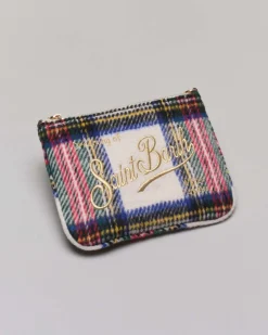 Pochette Mini Parisienne MC2 Saint Barth in misto lana multicolore tartan con logo oro e tracolla marrone