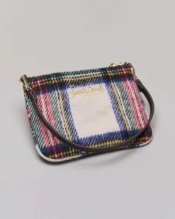 Pochette Mini Parisienne MC2 Saint Barth in misto lana multicolore tartan con logo oro e tracolla marrone