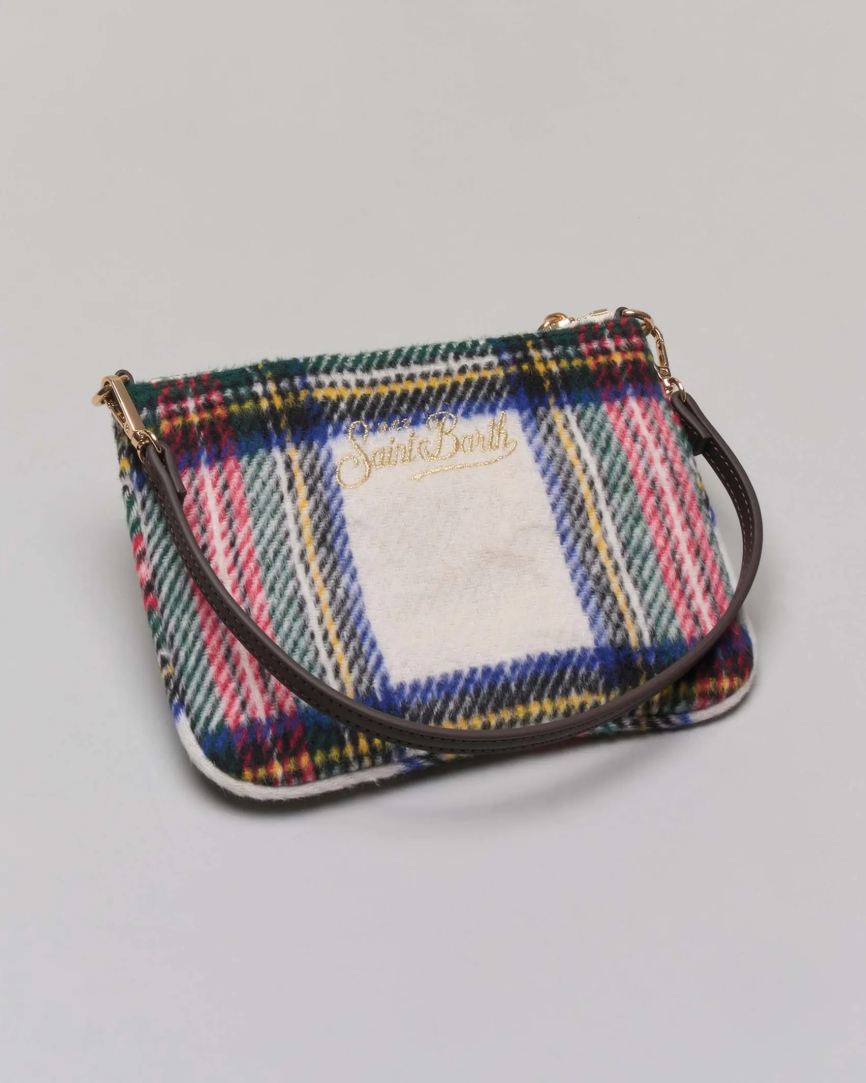 Pochette Mini Parisienne MC2 Saint Barth in misto lana multicolore tartan con logo oro e tracolla marrone