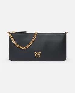 Pochette nera flat dalla linea allungata in pelle mano con placchetta Love Birds oro
