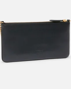 Pochette nera flat dalla linea allungata in pelle mano con placchetta Love Birds oro