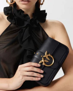 Pocket One Love Bag in pelle nera con patta di chiusura e fibbia dorata Love Birds