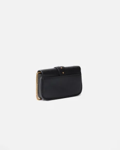 Pocket One Love Bag in pelle nera con patta di chiusura e fibbia dorata Love Birds