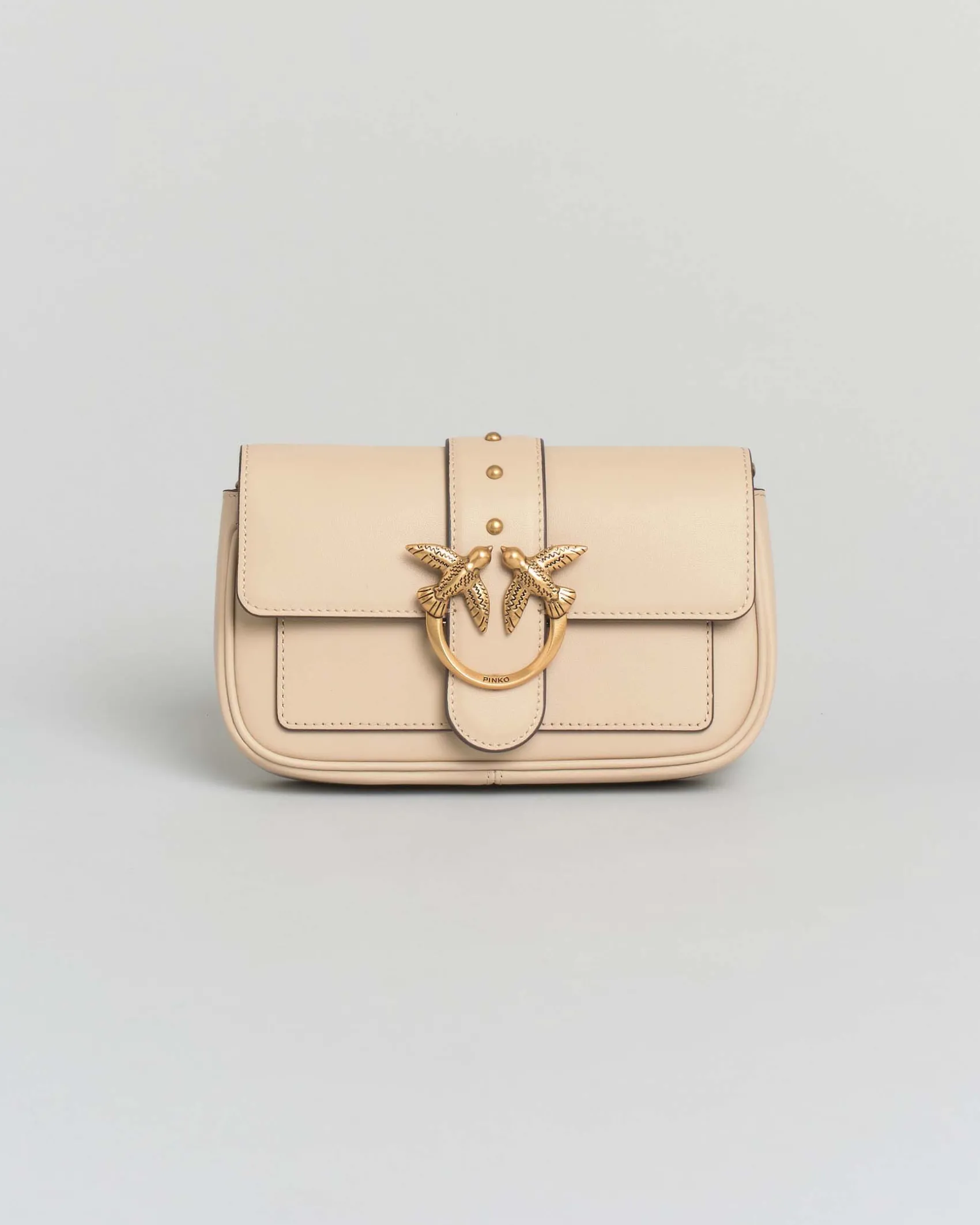 Pocket One Love Bag in pelle beige con patta di chiusura e fibbia dorata Love Birds