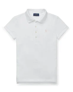 Polo bianca Ralph Lauren a maniche corte in cotone stretch con logo pony rosa
