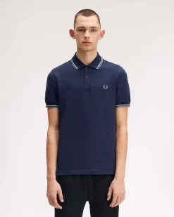 Polo Fred Perry blu indaco mezza manica con bordino salvia e bianco
