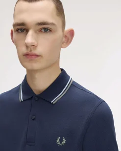Polo Fred Perry blu indaco mezza manica con bordino salvia e bianco