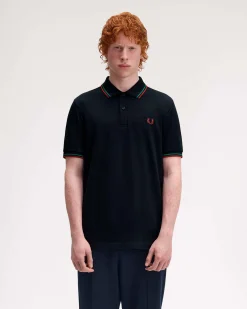 Polo Fred Perry blu mezza manica con bordino rosso e verde