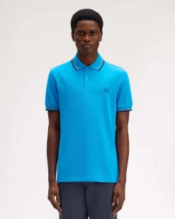 Polo Fred Perry celeste mezza manica con bordino blu e coccio