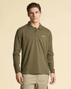 Polo manica lunga Aeronautica Militare verde militare in micro piquè di puro cotone con bordino blu