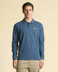 Polo manica lunga Aeronautica Militare ottanio in micro piquè di puro cotone con bordino blu