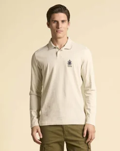 Polo manica lunga Aeronautica Militare beige in jersey di puro cotone con logo Frecce Tricolori
