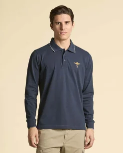 Polo manica lunga Aeronautica Militare blu in micro piquè di puro cotone con bordino grigio