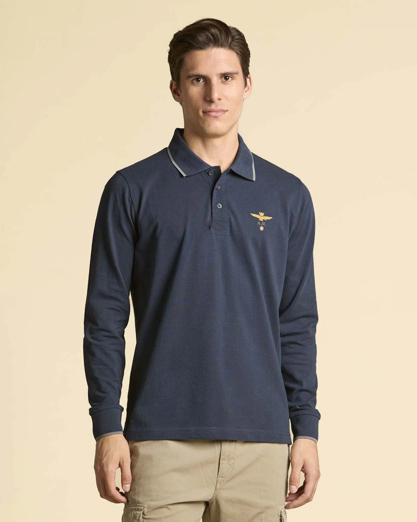 Polo manica lunga Aeronautica Militare blu in micro piquè di puro cotone con bordino grigio