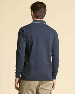 Polo manica lunga Aeronautica Militare blu in micro piquè di puro cotone con bordino grigio