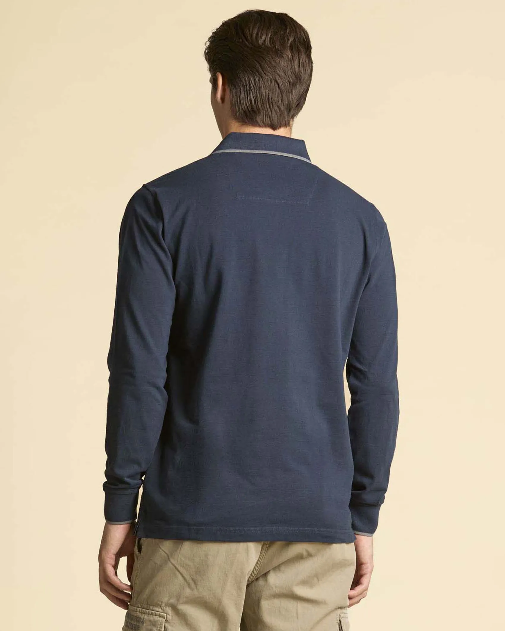 Polo manica lunga Aeronautica Militare blu in micro piquè di puro cotone con bordino grigio