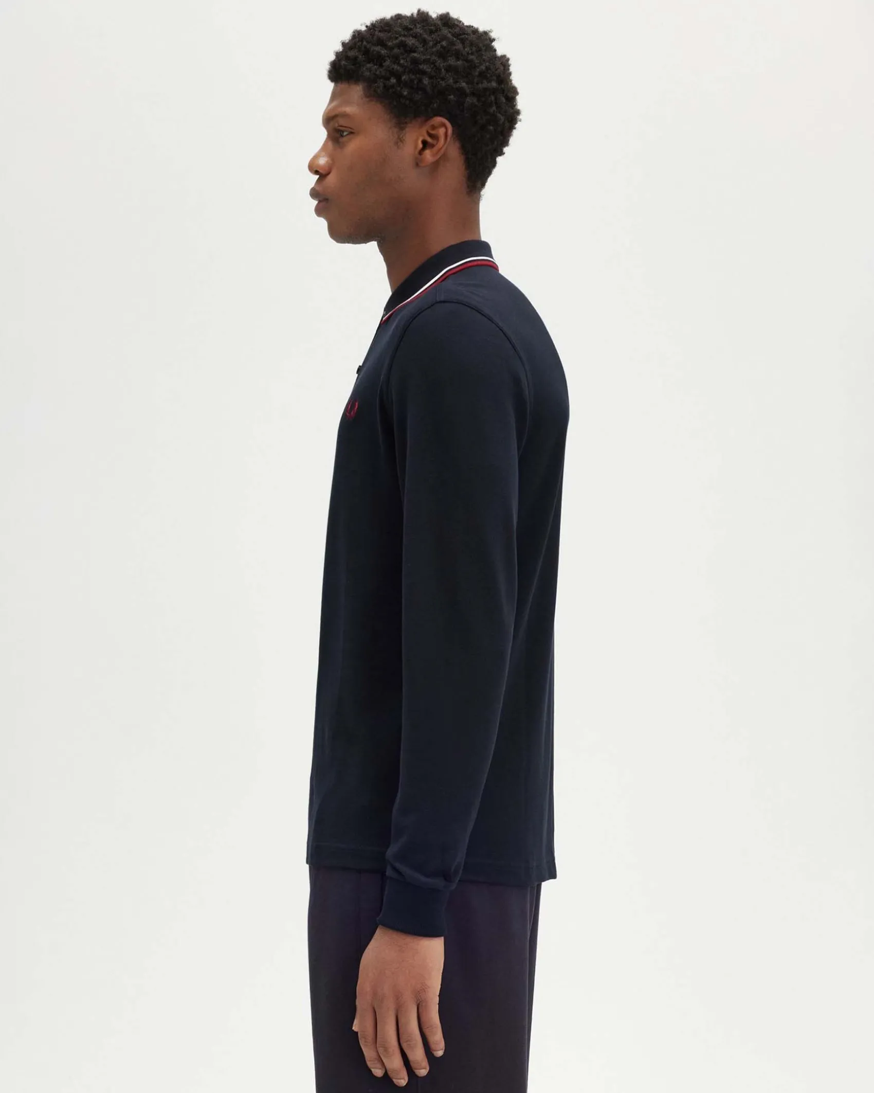 Polo manica lunga Fred Perry blu con bordino bianco e rosso