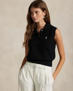 Polo nera senza maniche Polo Ralph Lauren in cotone stretch con logo ricamato sul petto