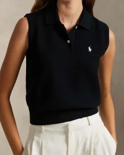 Polo nera senza maniche Polo Ralph Lauren in cotone stretch con logo ricamato sul petto