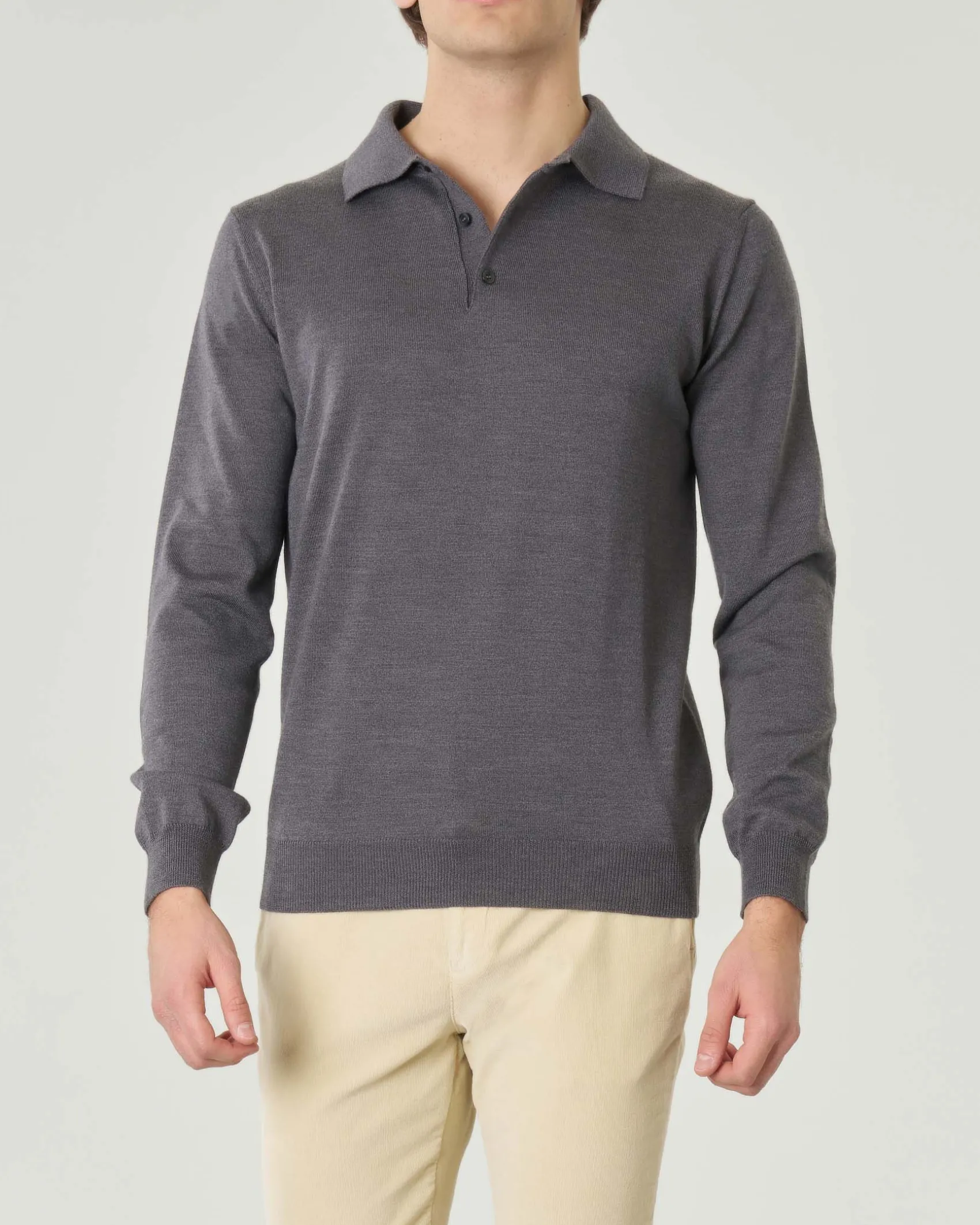 Polo Pellizzari a manica lunga grigio medio maglia di pura lana merino