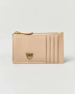 Porta carte di credito beige in pelle con fibbia Lover Birds dorata