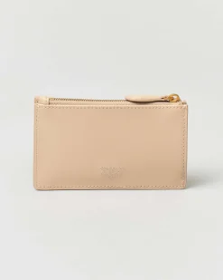 Porta carte di credito beige in pelle con fibbia Lover Birds dorata
