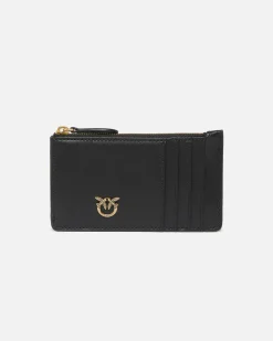 Porta carte di credito in pelle nera con fibbia Lover Birds dorata