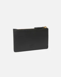 Porta carte di credito in pelle nera con fibbia Lover Birds dorata