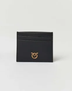 Porta carte di credito nero in pelle mano seta con taschina e fibbia Love Birds dorata