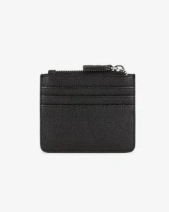 Porta carte di credito nero in similpelle effetto martellato con scritta logo argento
