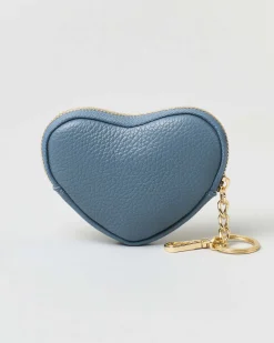 Portachiavi color avio in pelle a forma di cuore con cerniera