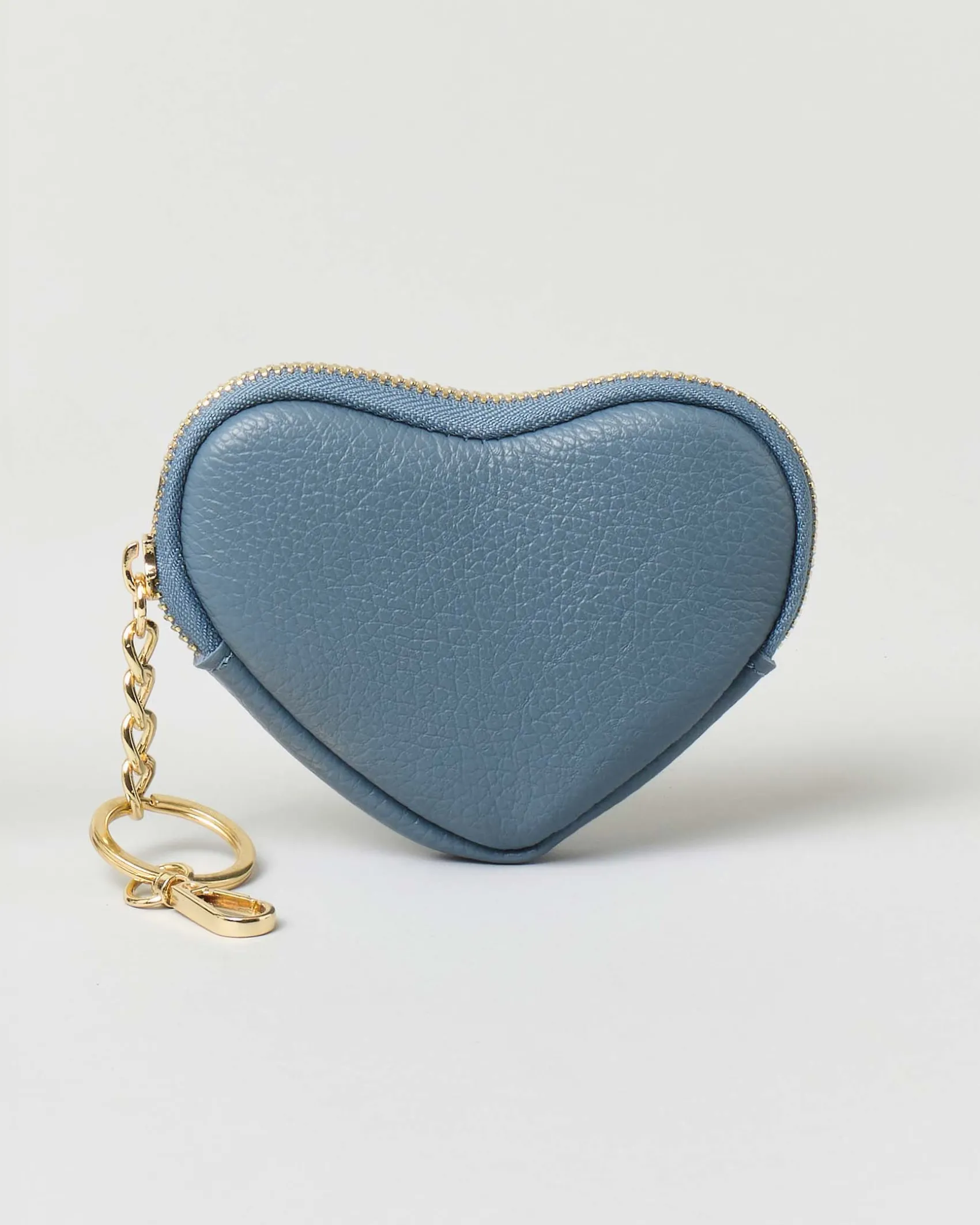 Portachiavi color avio in pelle a forma di cuore con cerniera