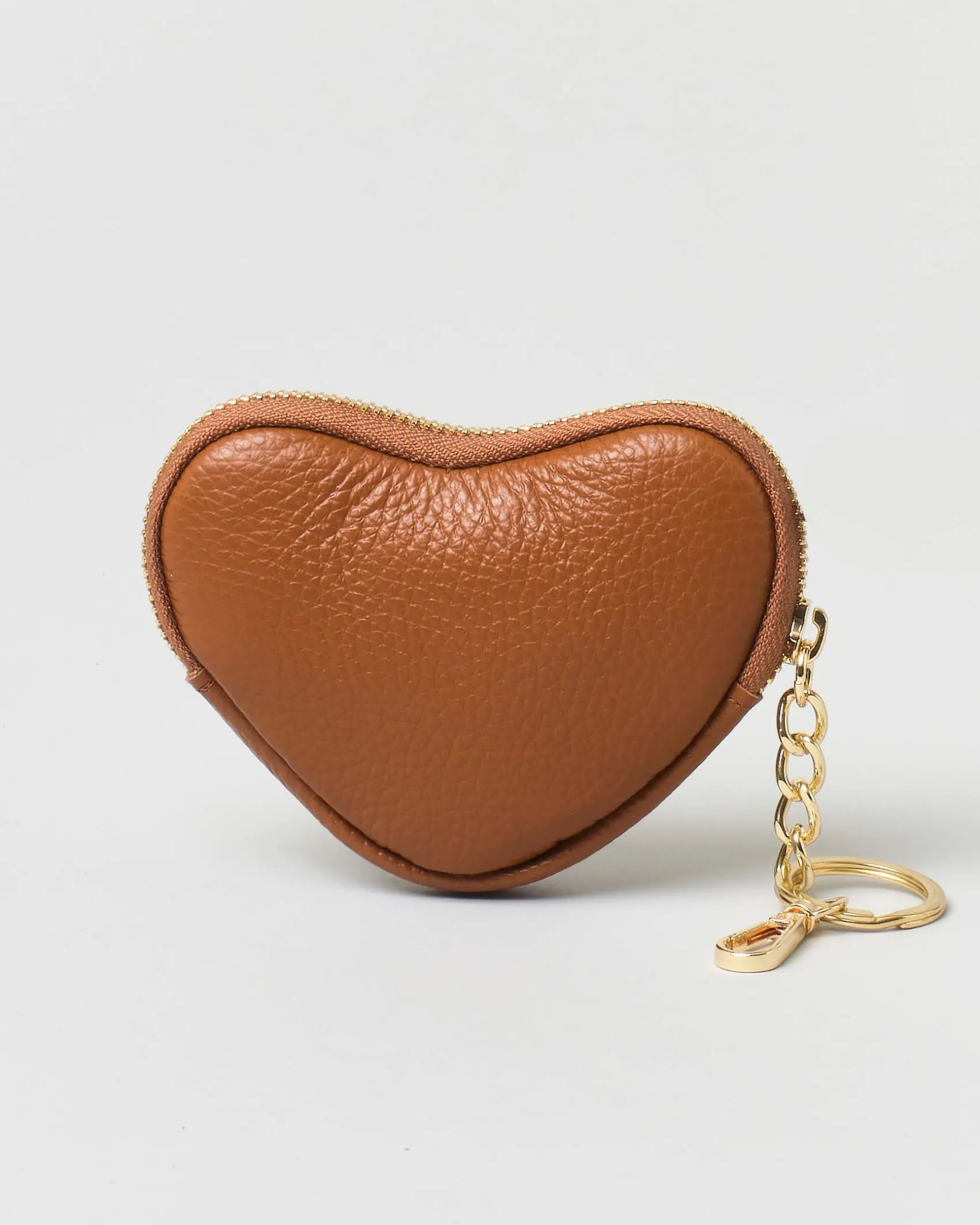 Portachiavi color cuoio in pelle a forma di cuore con cerniera