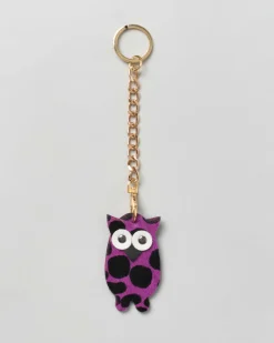 Portachiavi Visonà gufetto in pelle e cavallino a pois fucsia con catena e anello dorati