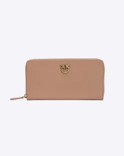 Portafoglio color cammello in pelle con fibbia Love Birds dorata su base in pelle tono su tono
