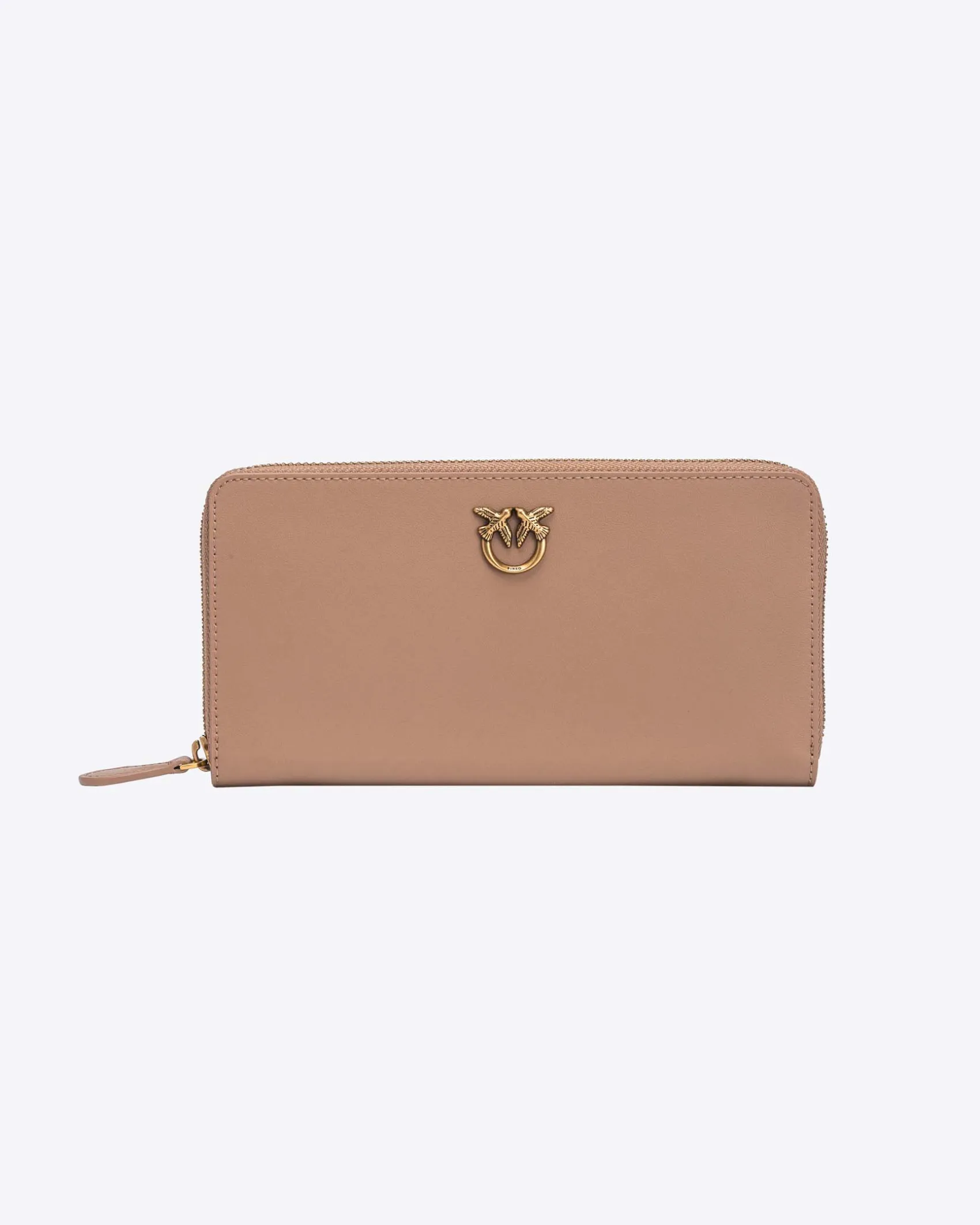 Portafoglio color cammello in pelle con fibbia Love Birds dorata su base in pelle tono su tono