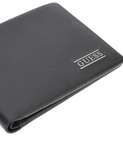 Portafoglio Guess nero in pelle liscia con logo scritta in metallo e tasca portamonete