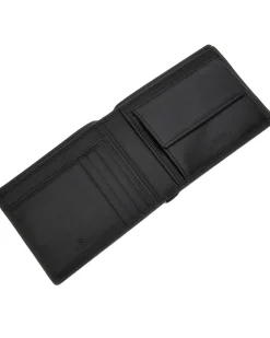 Portafoglio Guess nero in pelle liscia con logo scritta in metallo e tasca portamonete