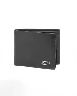 Portafoglio Guess nero in pelle liscia con logo scritta in metallo e tasca portamonete