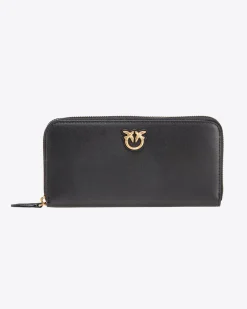 Portafoglio nero Pinko in pelle con fibbia Love Birds dorata su base in pelle tono su tono