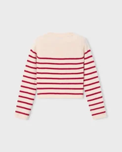 Pullover Mayoral tricot in misto viscosa color avorio a righe rosse e maniche lunghe