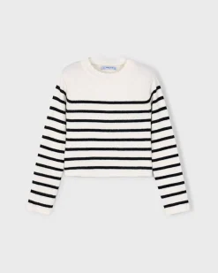 Pullover Mayoral tricot in misto viscosa color avorio a righe nere e maniche lunghe