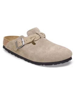 Sabot Boston Bikenstock in pelle scamosciata color taupe con fascetta laterale intrecciata e fibbia in metallo