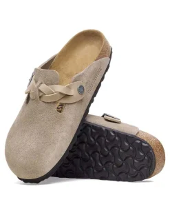 Sabot Boston Bikenstock in pelle scamosciata color taupe con fascetta laterale intrecciata e fibbia in metallo