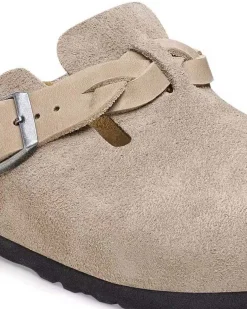 Sabot Boston Bikenstock in pelle scamosciata color taupe con fascetta laterale intrecciata e fibbia in metallo