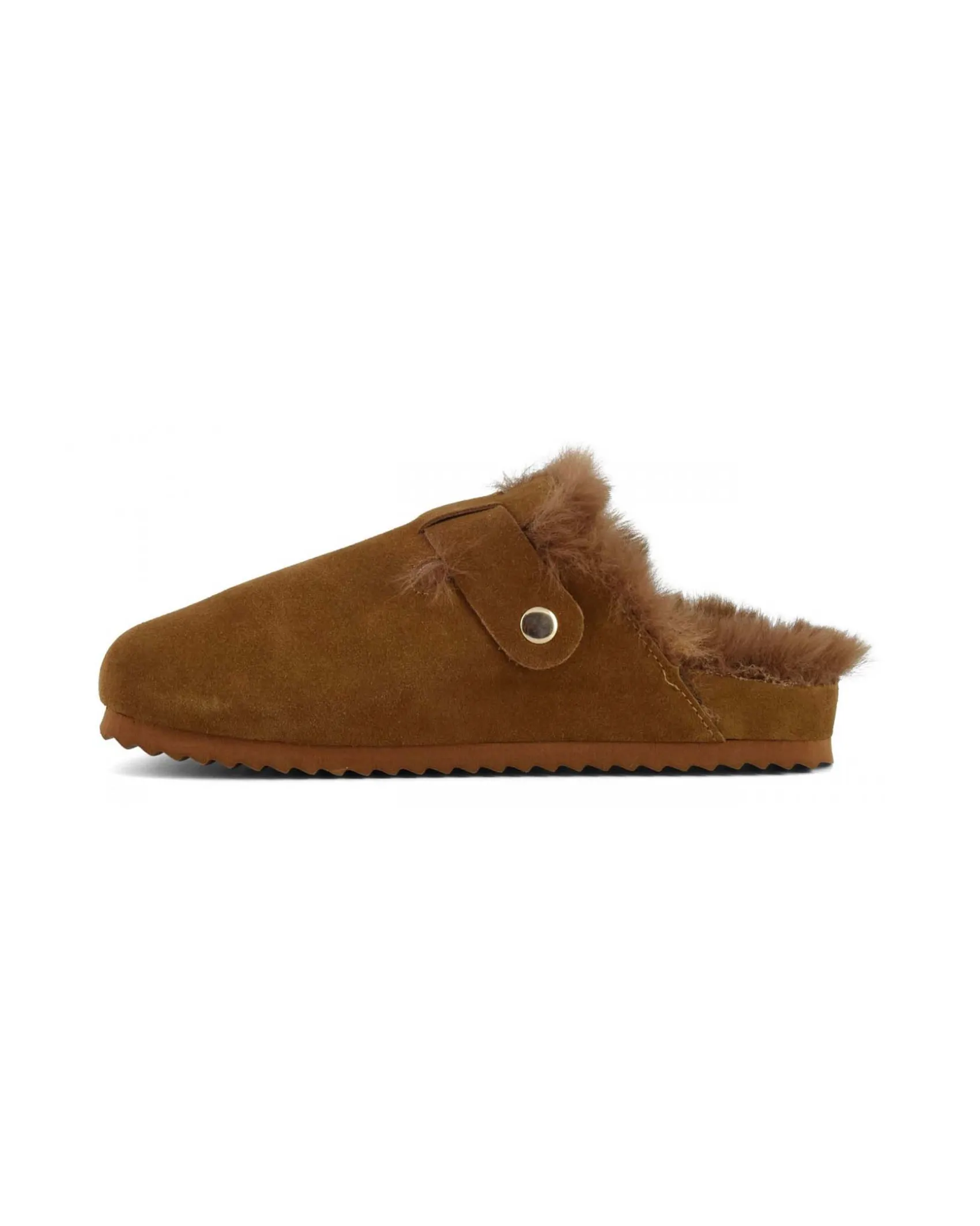 Sabot color cognac in pelle scamosciata con fodera effetto pelliccia e fibbia di chiusura laterale