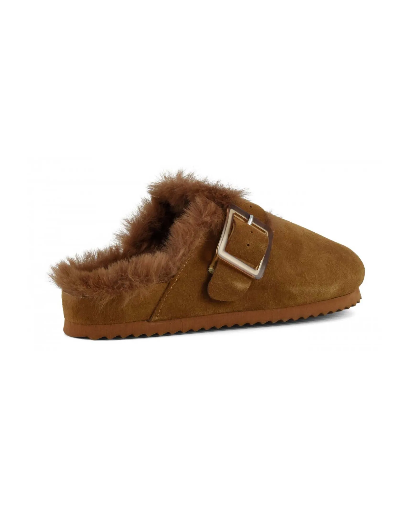 Sabot color cognac in pelle scamosciata con fodera effetto pelliccia e fibbia di chiusura laterale