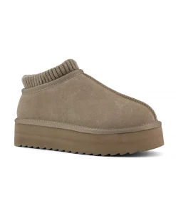 Sabot color taupe in pelle scamosciata con calzino incorporato in tessuto a coste