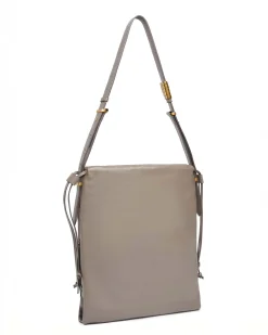 Sacchetto Pinko color tortora in pelle liscia misura media con fibbia Love Birds dorata e tracolla regolabile