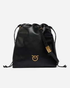Sacchetto Pinko nero in pelle liscia misura media con fibbia Love Birds dorata e tracolla regolabile